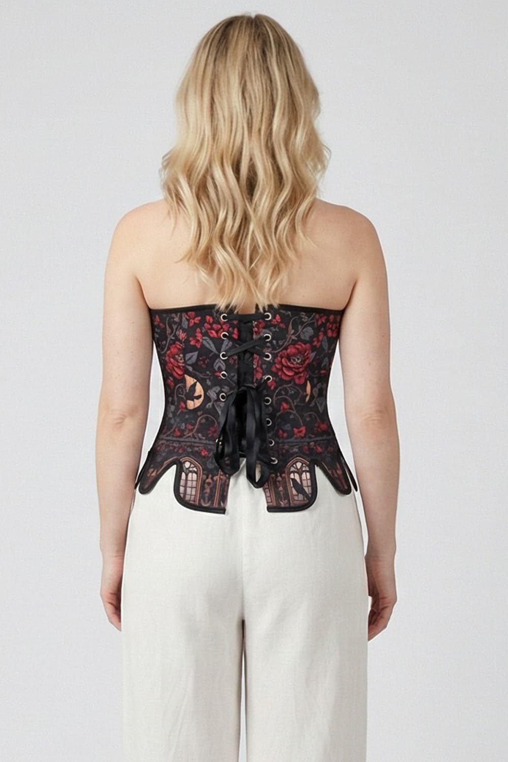 Black Crimson Rose Gothic Front Back Lacing Overbust Corset
