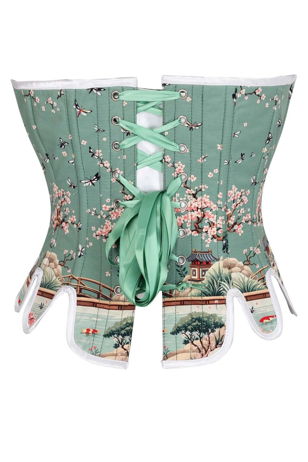 Sage Green Rosel Japanese Garden Front Back Lacing Overbust Corset