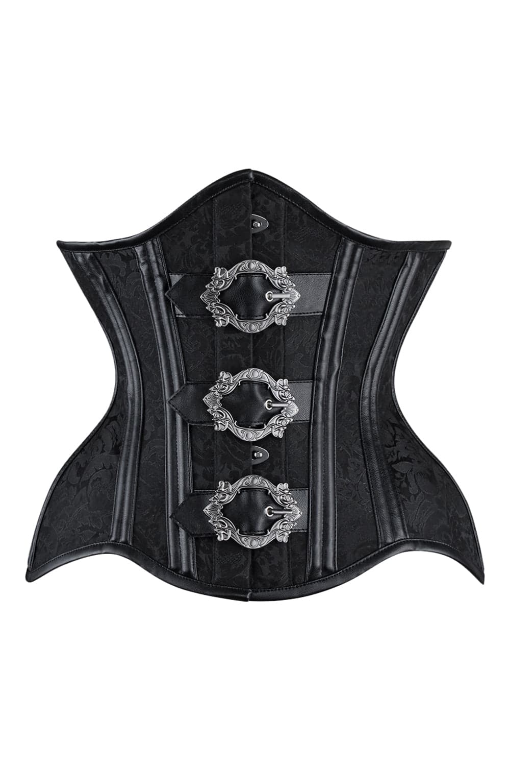 Black corset with silver embellishments on a white background