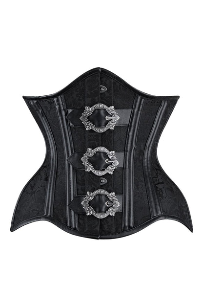 Black corset with silver embellishments on a white background
