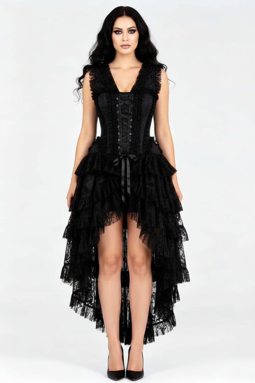 Midnight Black Brocade Anastasia Rococo Gothic Steel Boned Corset Dress|Corset Society