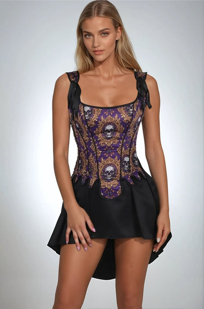 Madyson Skull Print Gothic Shoulder Straps Overbust Corset