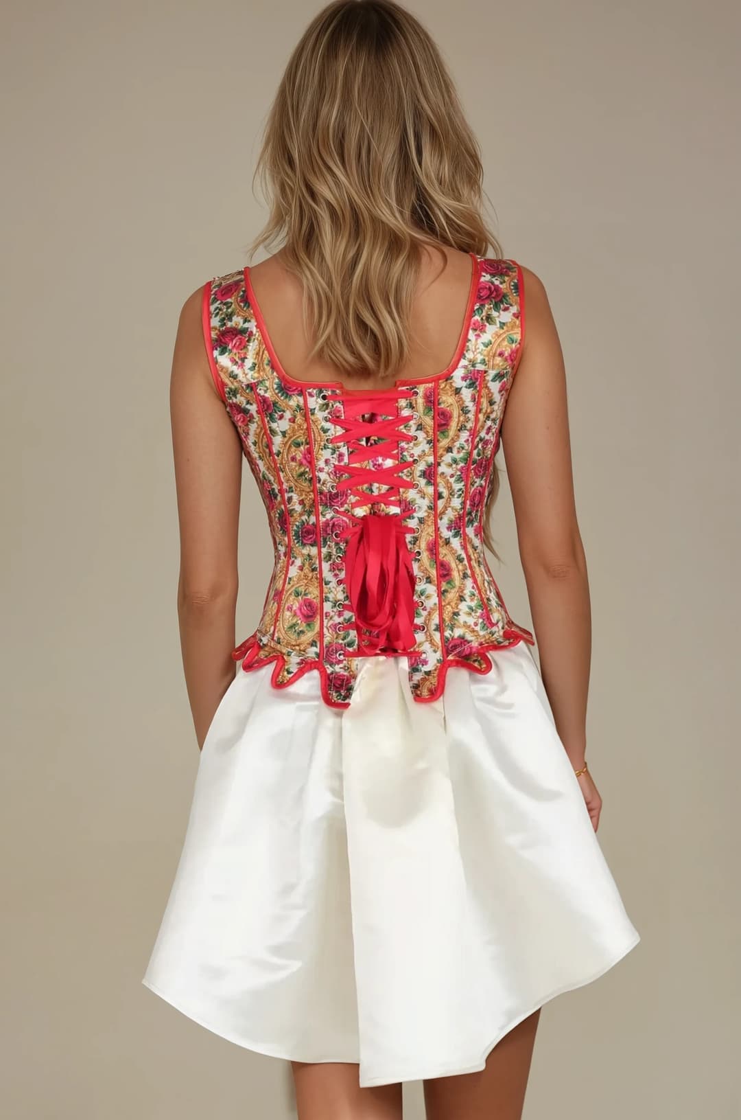 Tylee Regal Red Rose Print Shoulder Straps Overbust Corset