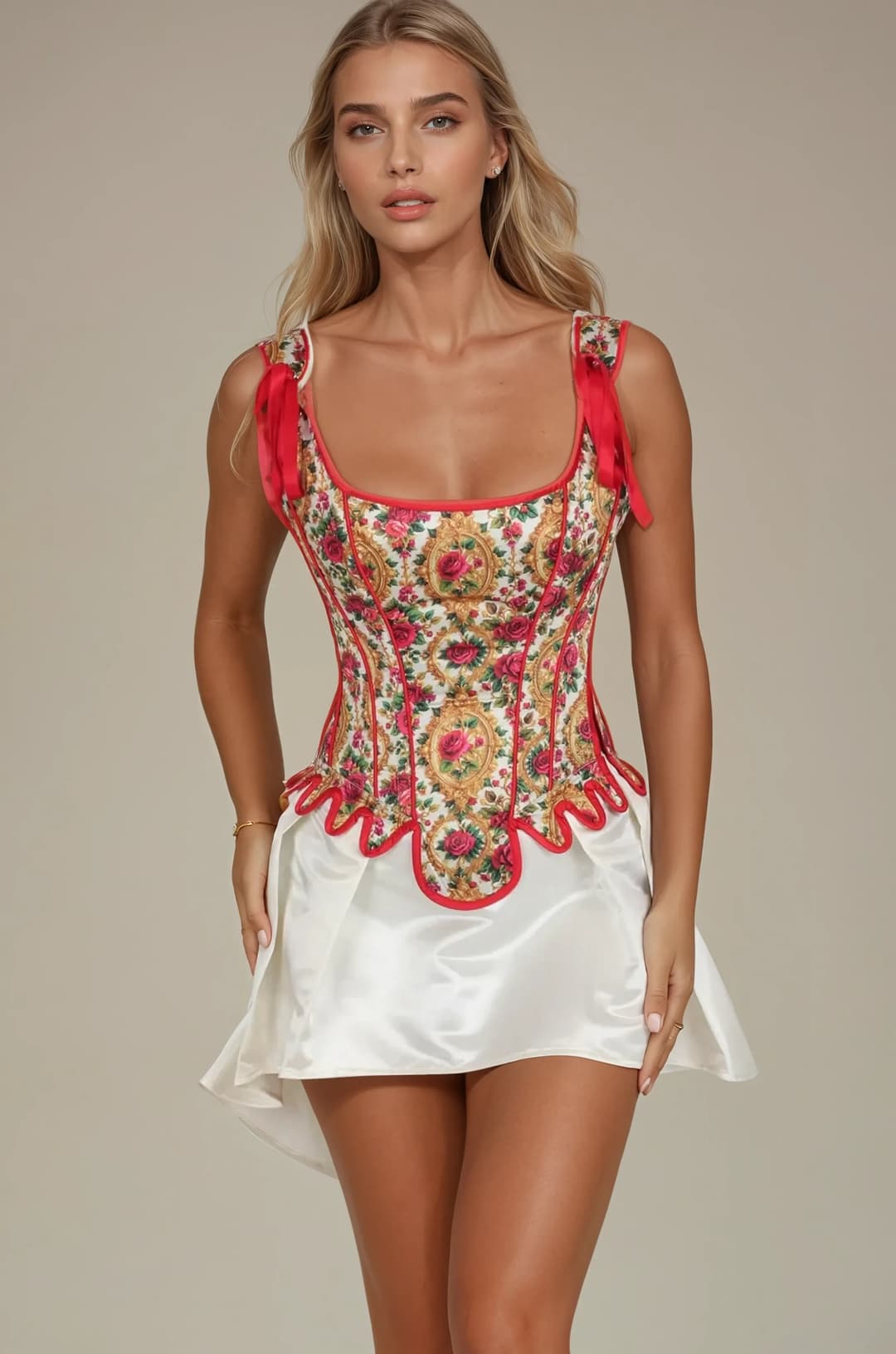 Tylee Regal Red Rose Print Shoulder Straps Overbust Corset