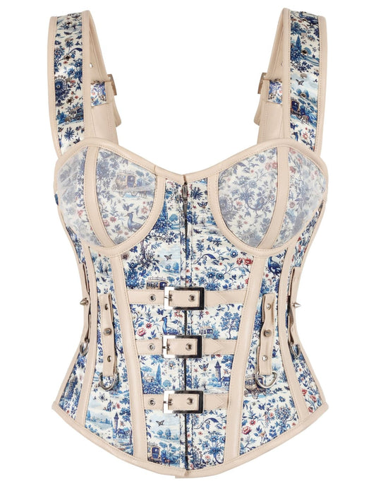 Breeana Vintage Inspired Blue Floral Shoulder Straps Overbust Corset