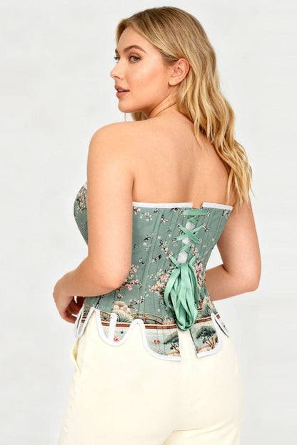Sage Green Rosel Japanese Garden Front Back Lacing Overbust Corset