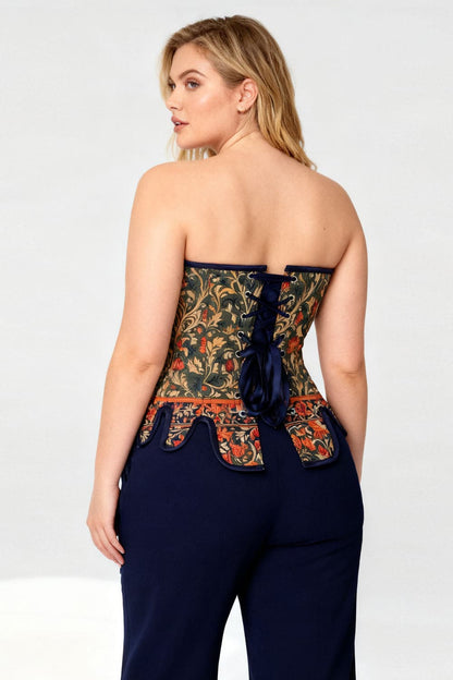 Medieval Tapestry Front Back Lacing Overbust Corset with Decorative Peplum