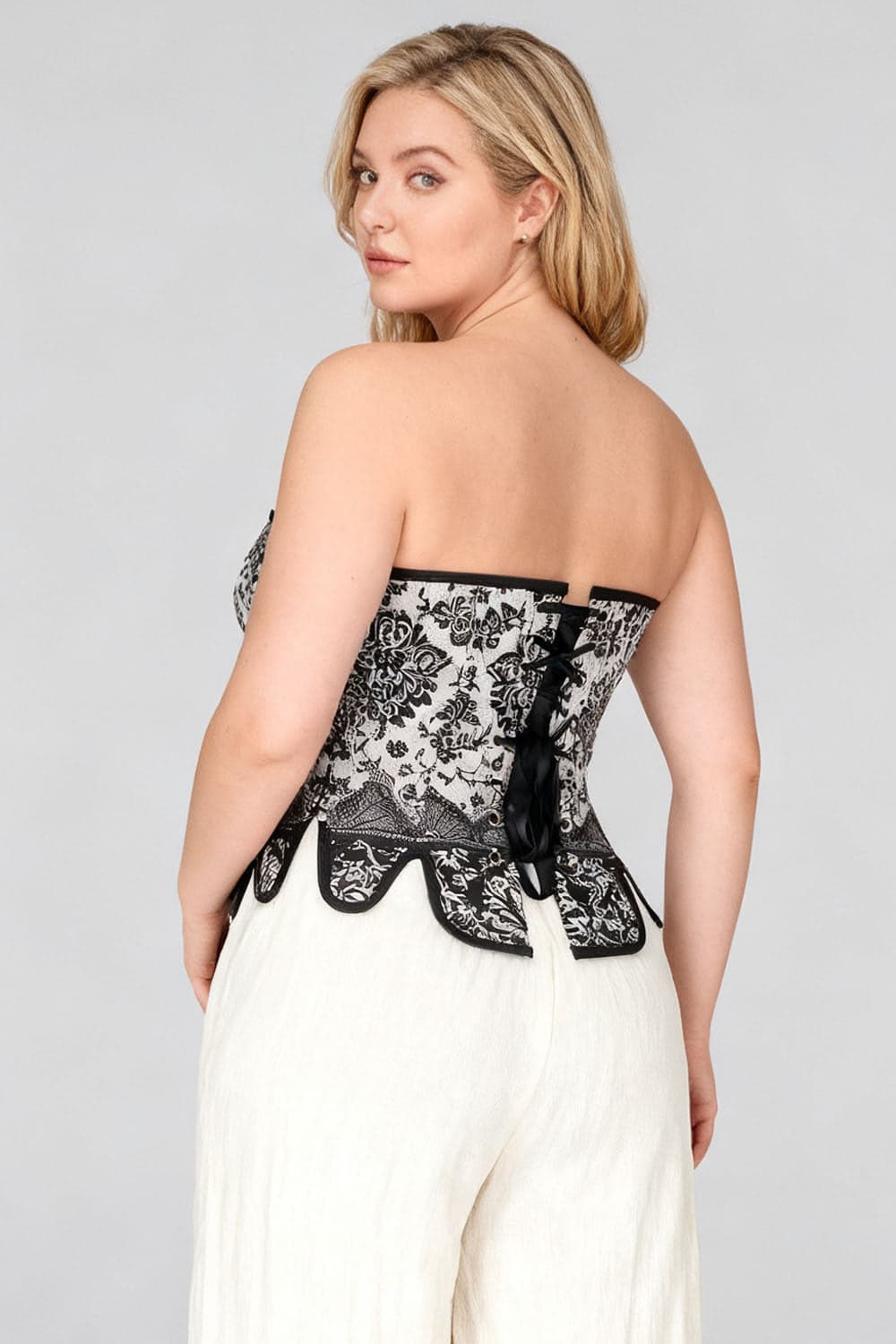 Ivory Black Rosel Front and Back Lacing Overbust Corset