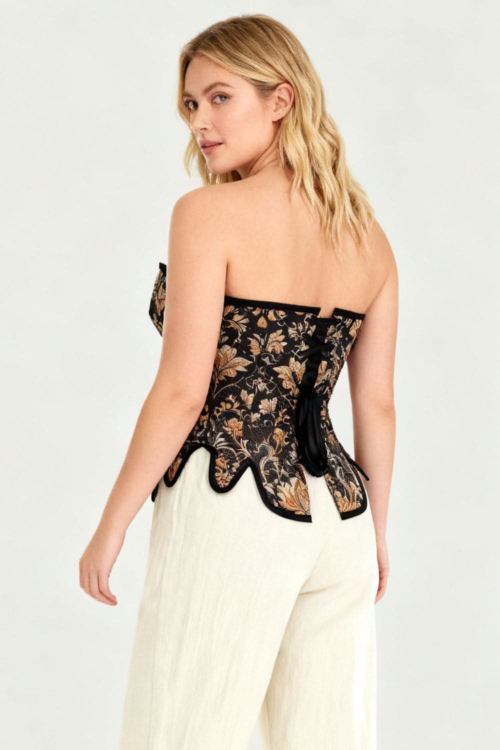 Midnight Black Rosel Front Back Lacing Overbust Corset with Gold Brocade