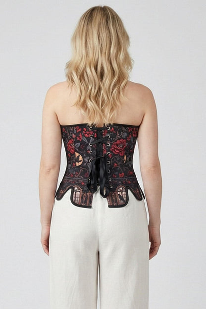 Black Crimson Rose Gothic Front Back Lacing Overbust Corset