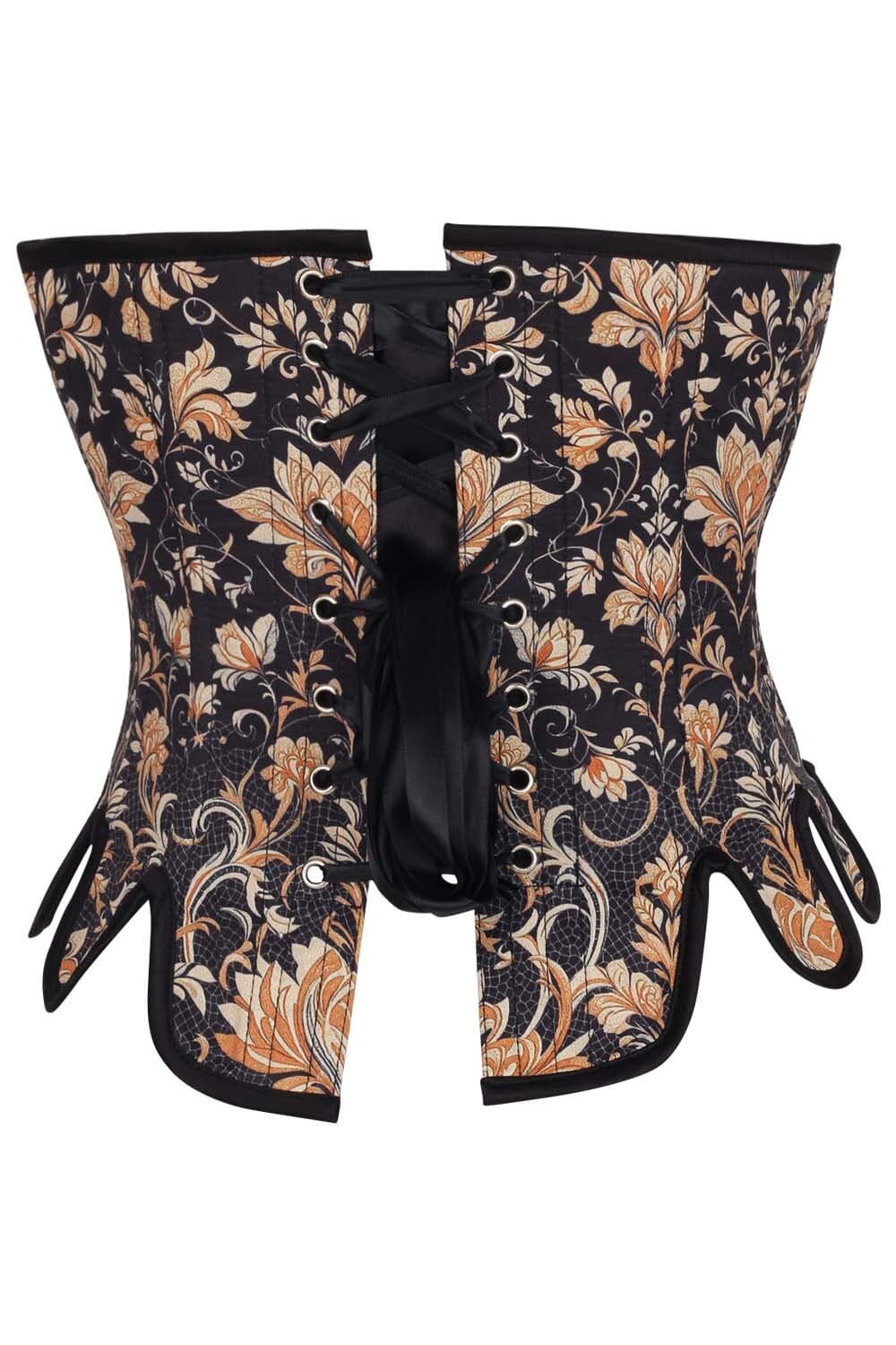 Midnight Black Rosel Front Back Lacing Overbust Corset with Gold Brocade
