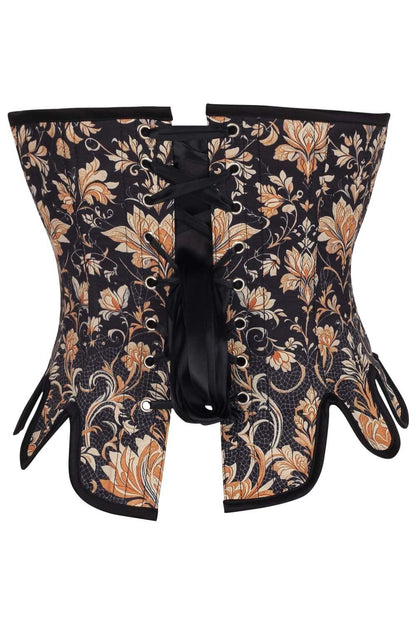 Midnight Black Rosel Front Back Lacing Overbust Corset with Gold Brocade