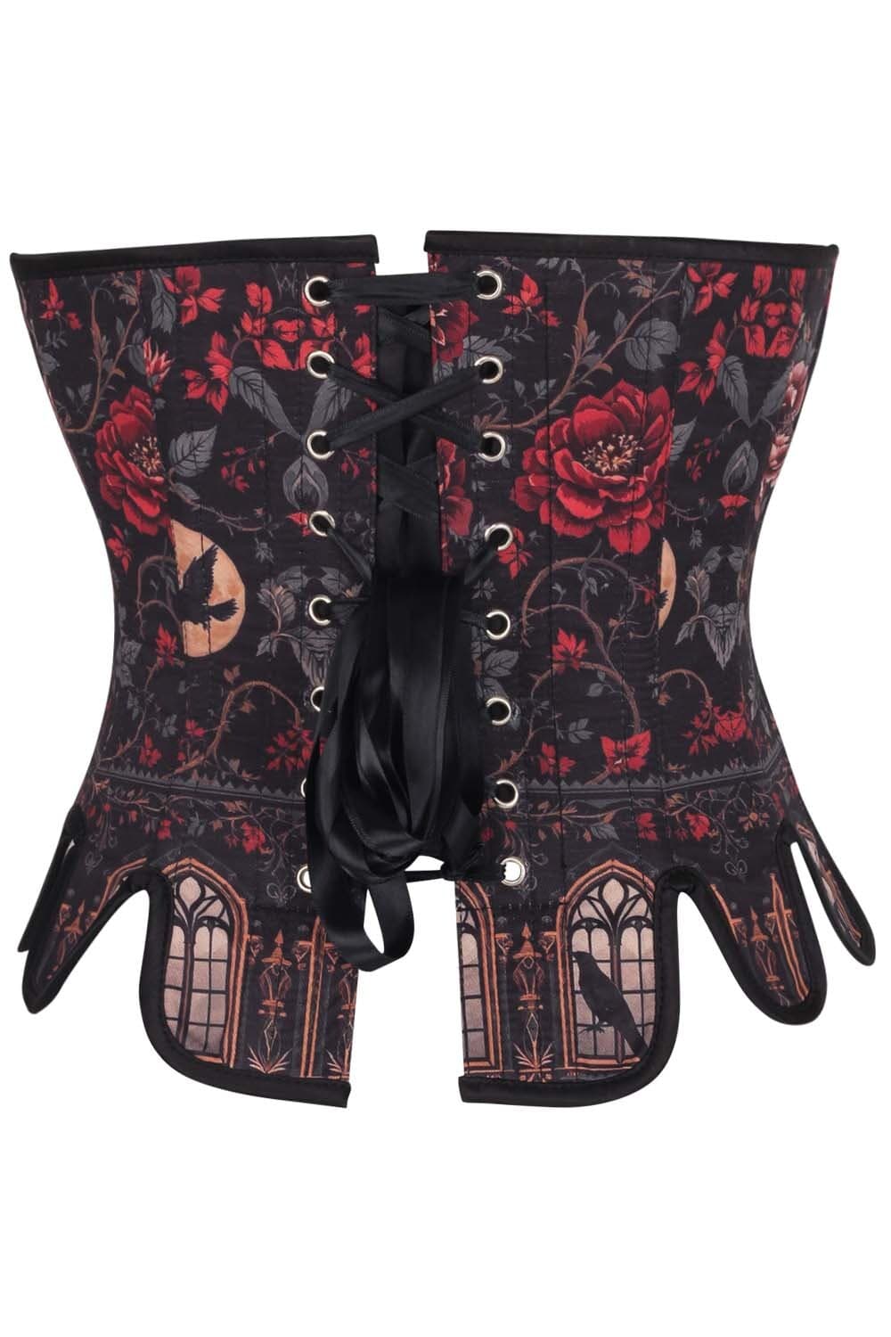Black Crimson Rose Gothic Front Back Lacing Overbust Corset