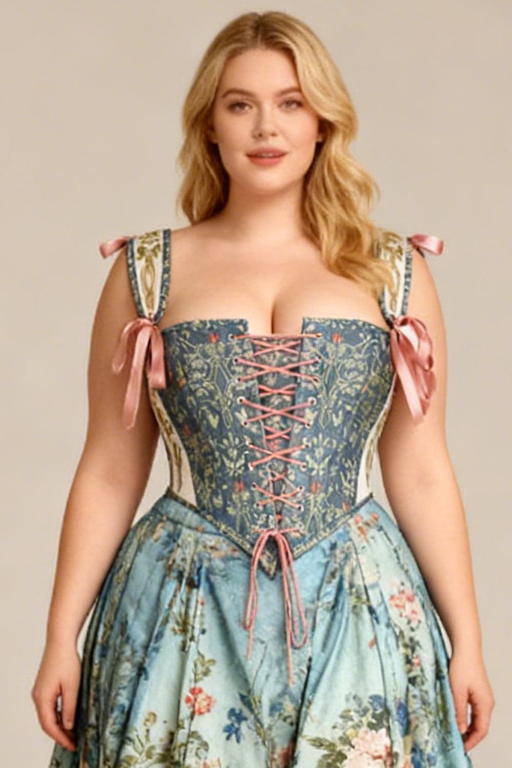Sage Botanical Joice Front Back Lacing Shoulder Straps Victorian Overbust Corset