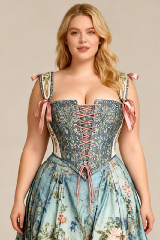 Sage Botanical Joice Front Back Lacing Shoulder Straps Victorian Overbust Corset