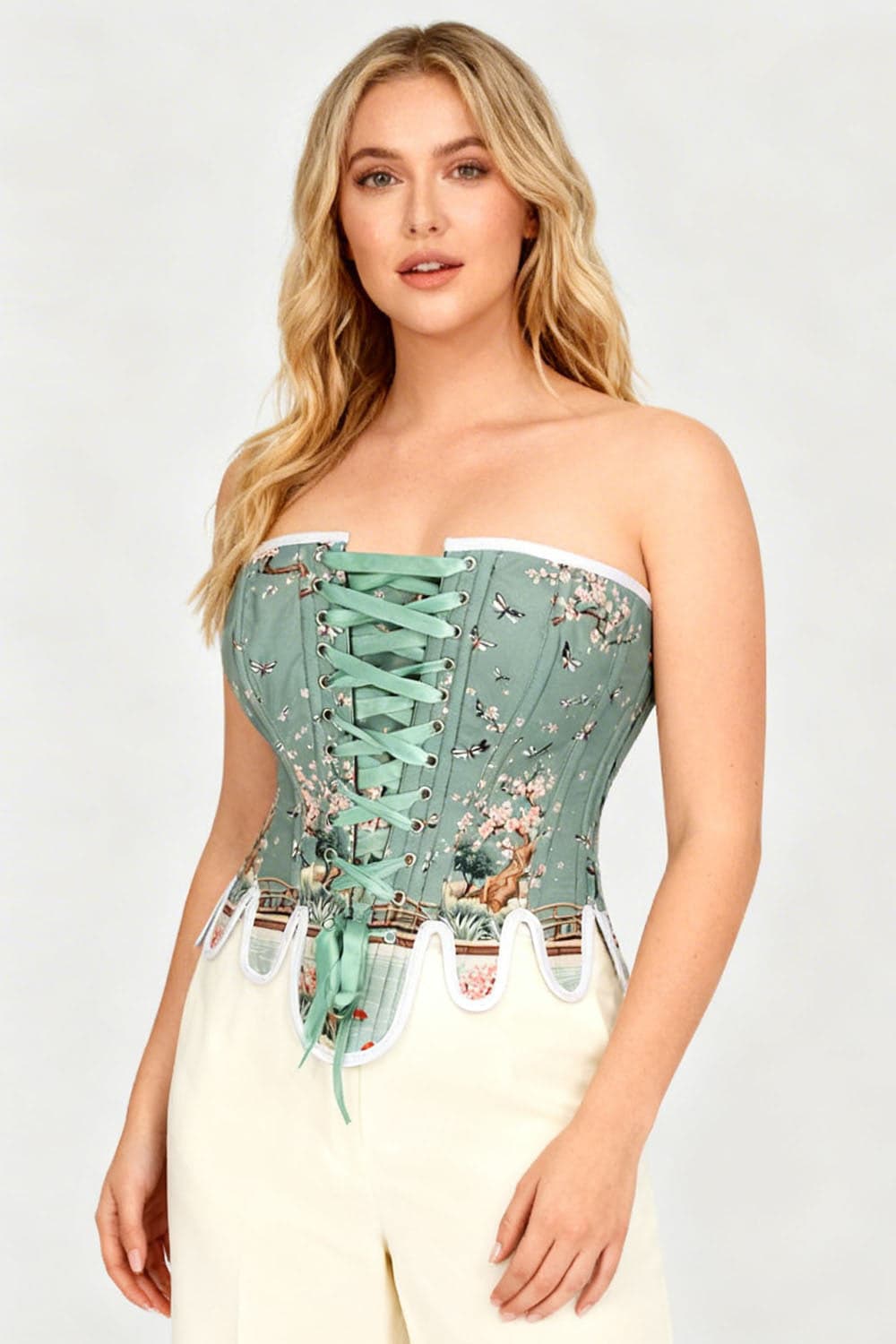 Sage Green Rosel Japanese Garden Front Back Lacing Overbust Corset