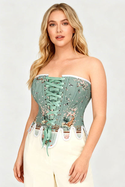 Sage Green Rosel Japanese Garden Front Back Lacing Overbust Corset