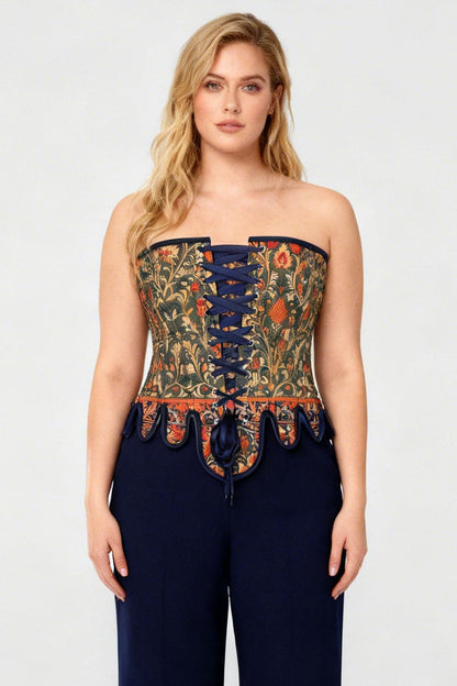 Medieval Tapestry Front Back Lacing Overbust Corset with Decorative Peplum