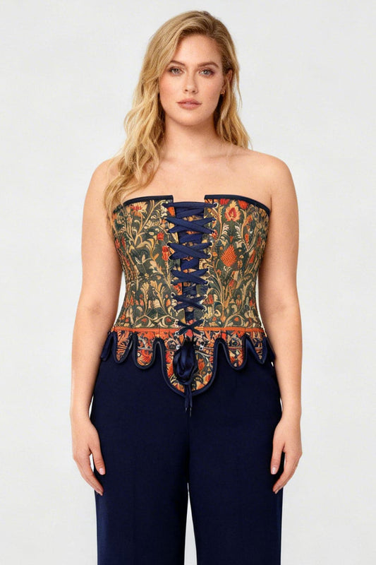 Medieval Tapestry Front Back Lacing Overbust Corset with Decorative Peplum