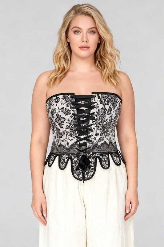 Ivory Black Rosel Front and Back Lacing Overbust Corset