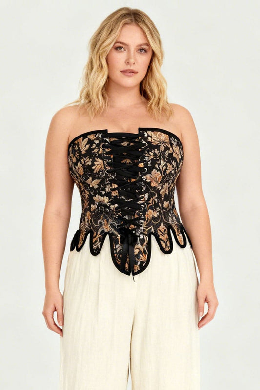 Midnight Black Rosel Front Back Lacing Overbust Corset with Gold Brocade