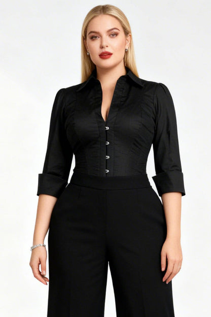 Midnight Black 3/4 Sleeve Steel Boned Overbust Corset Shirt |Corset Society