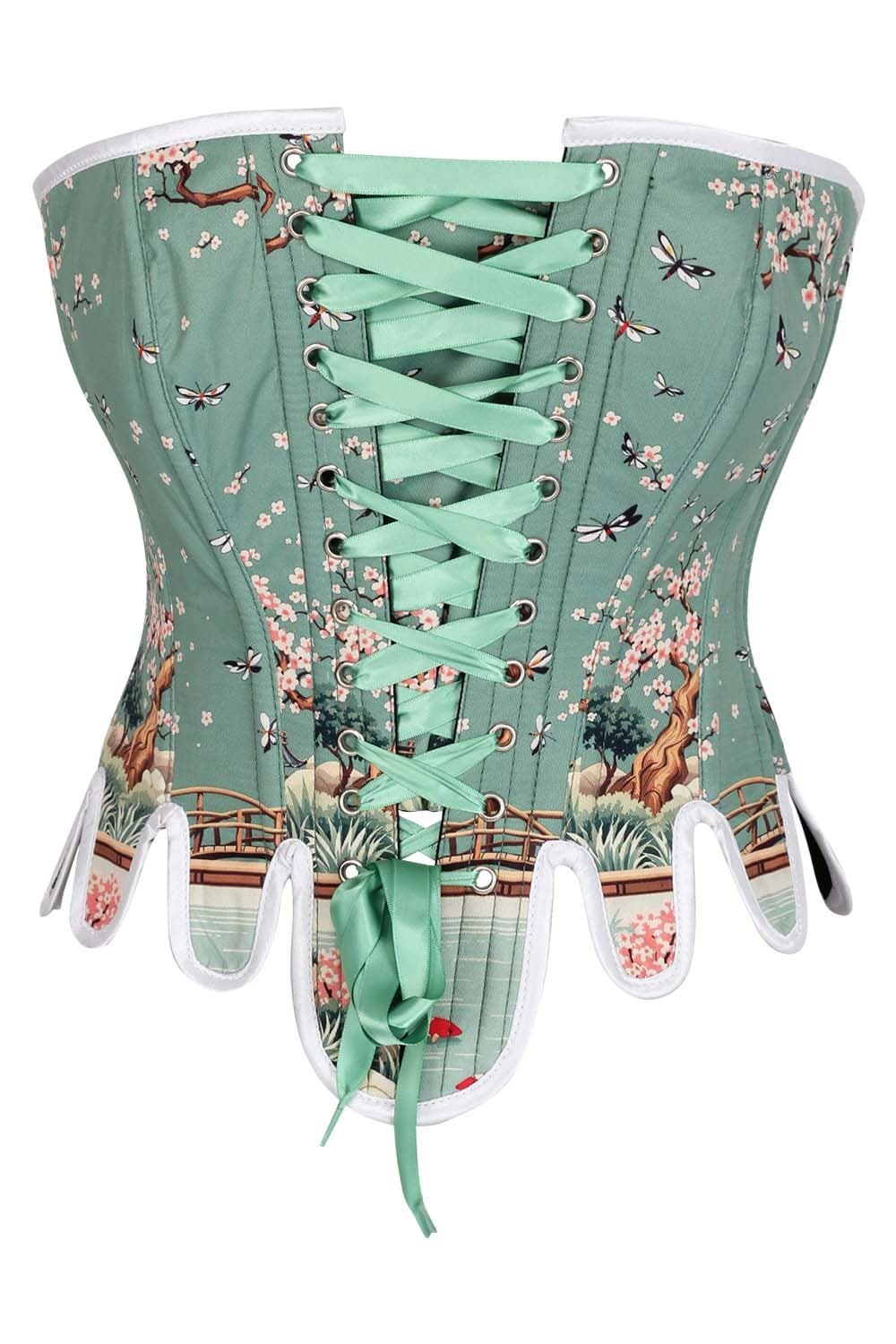 Sage Green Rosel Japanese Garden Front Back Lacing Overbust Corset