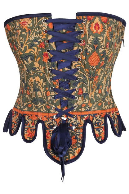 Medieval Tapestry Front Back Lacing Overbust Corset with Decorative Peplum