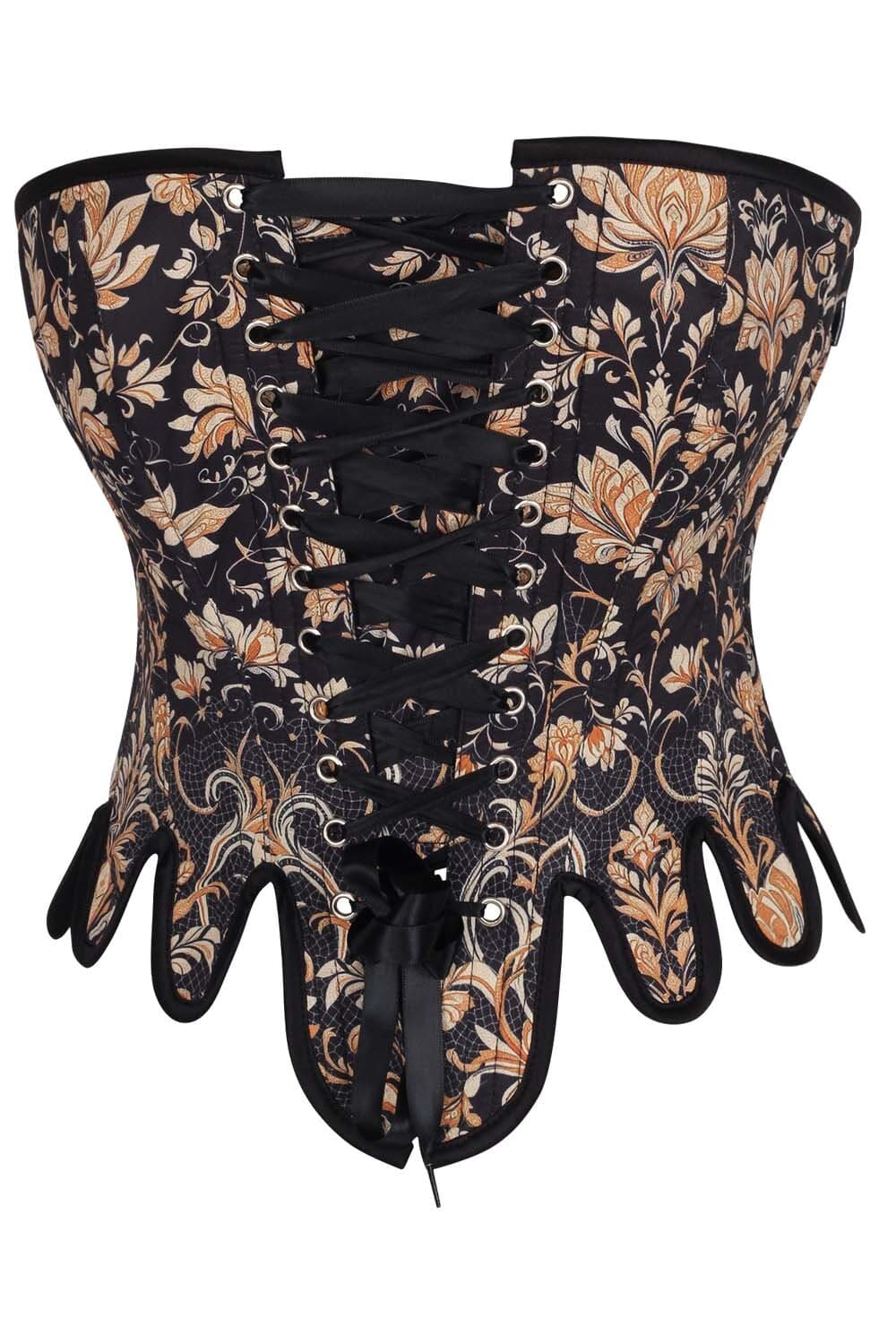 Midnight Black Rosel Front Back Lacing Overbust Corset with Gold Brocade