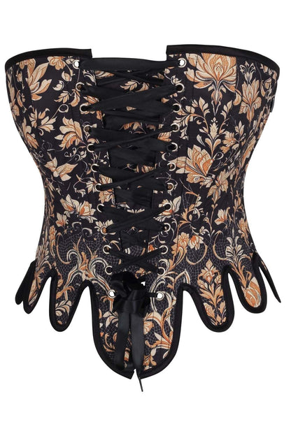 Midnight Black Rosel Front Back Lacing Overbust Corset with Gold Brocade