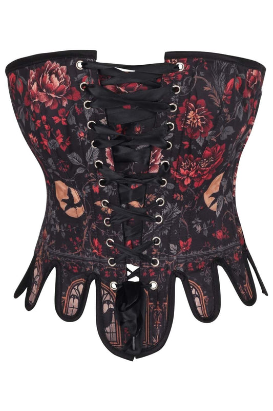 Black Crimson Rose Gothic Front Back Lacing Overbust Corset