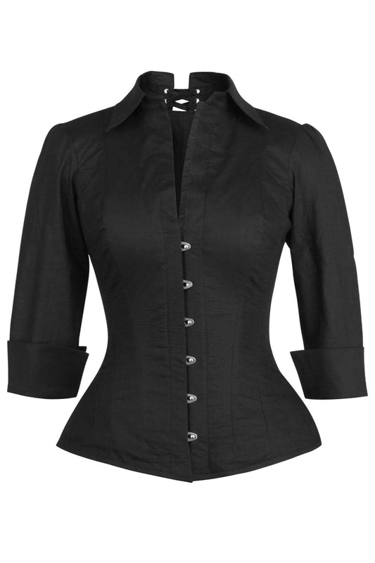 Midnight Black 3/4 Sleeve Steel Boned Overbust Corset Shirt |Corset Society