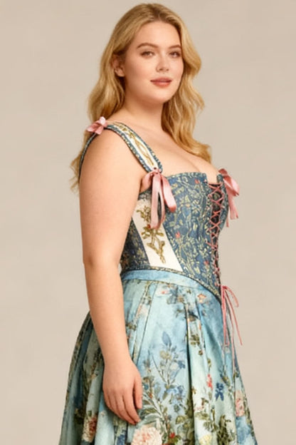 Sage Botanical Joice Front Back Lacing Shoulder Straps Victorian Overbust Corset