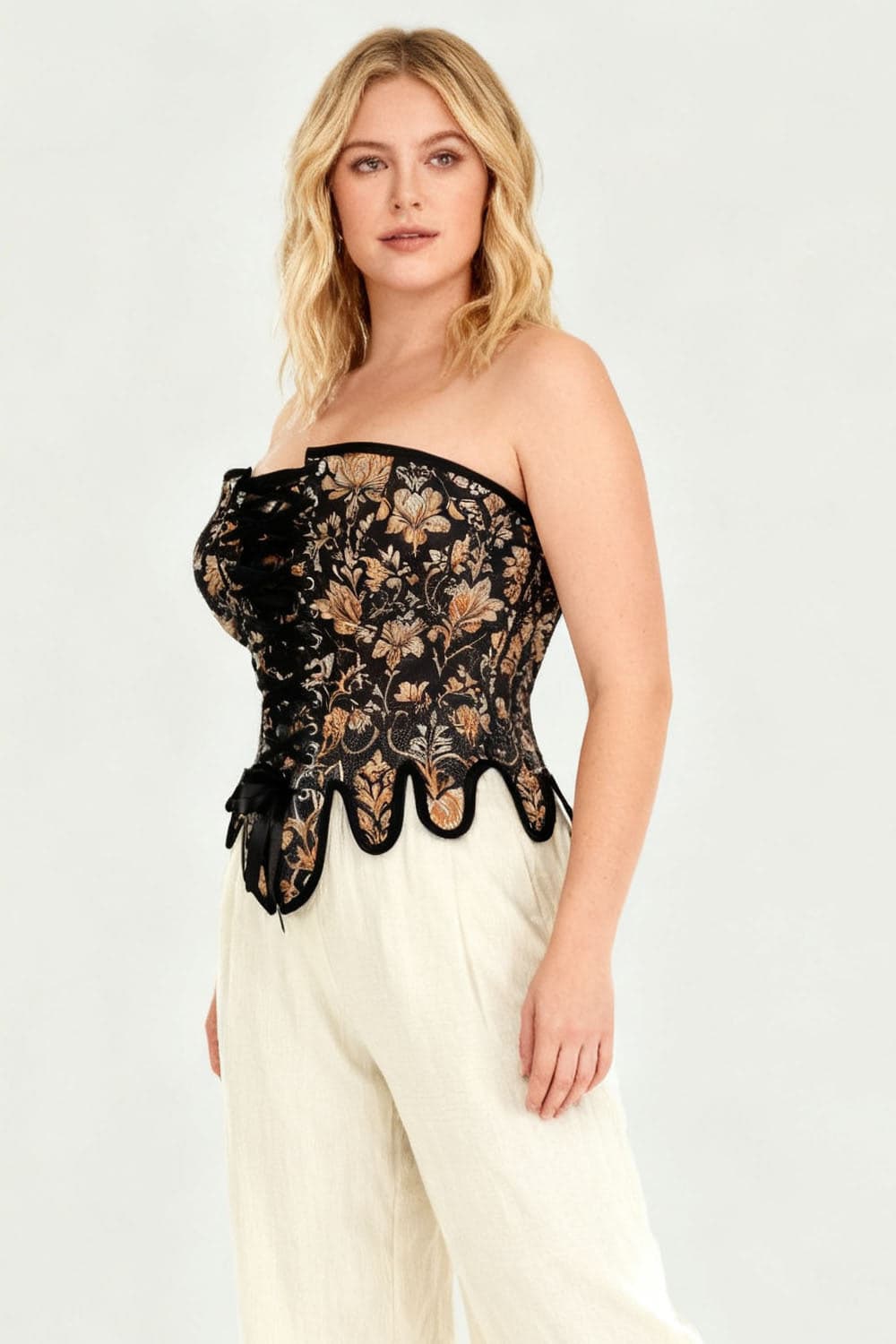 Midnight Black Rosel Front Back Lacing Overbust Corset with Gold Brocade