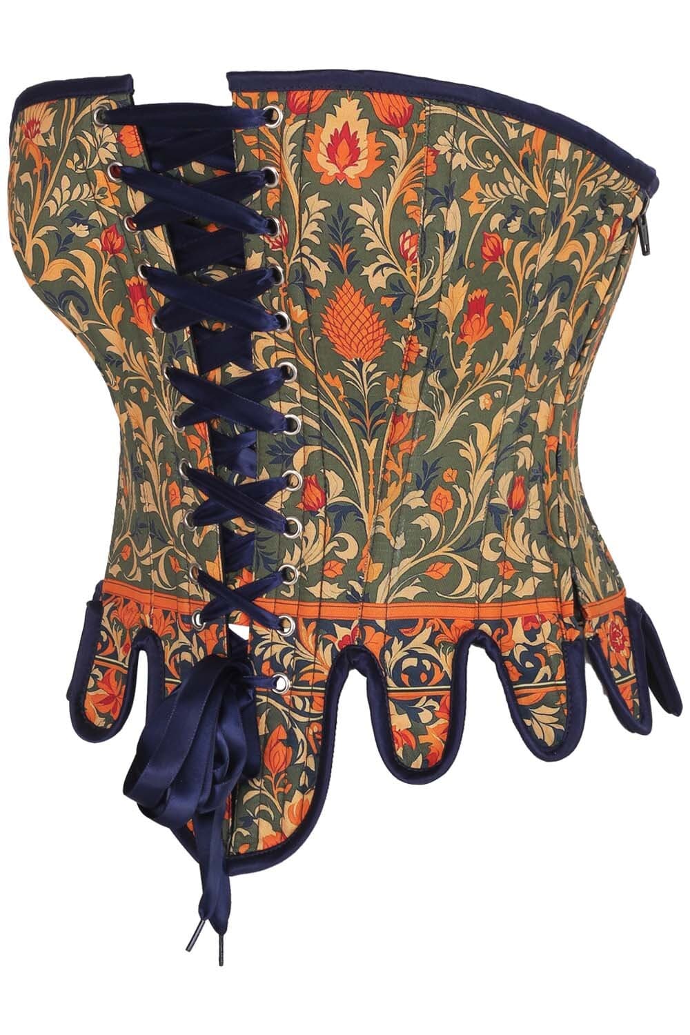 Medieval Tapestry Front Back Lacing Overbust Corset with Decorative Peplum