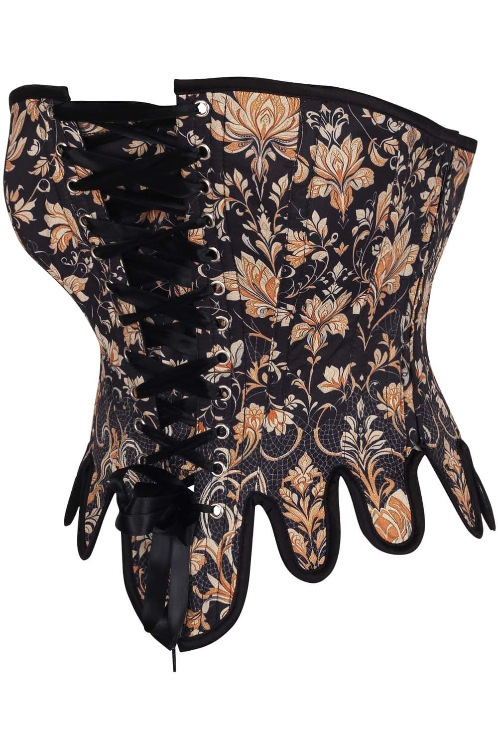 Midnight Black Rosel Front Back Lacing Overbust Corset with Gold Brocade
