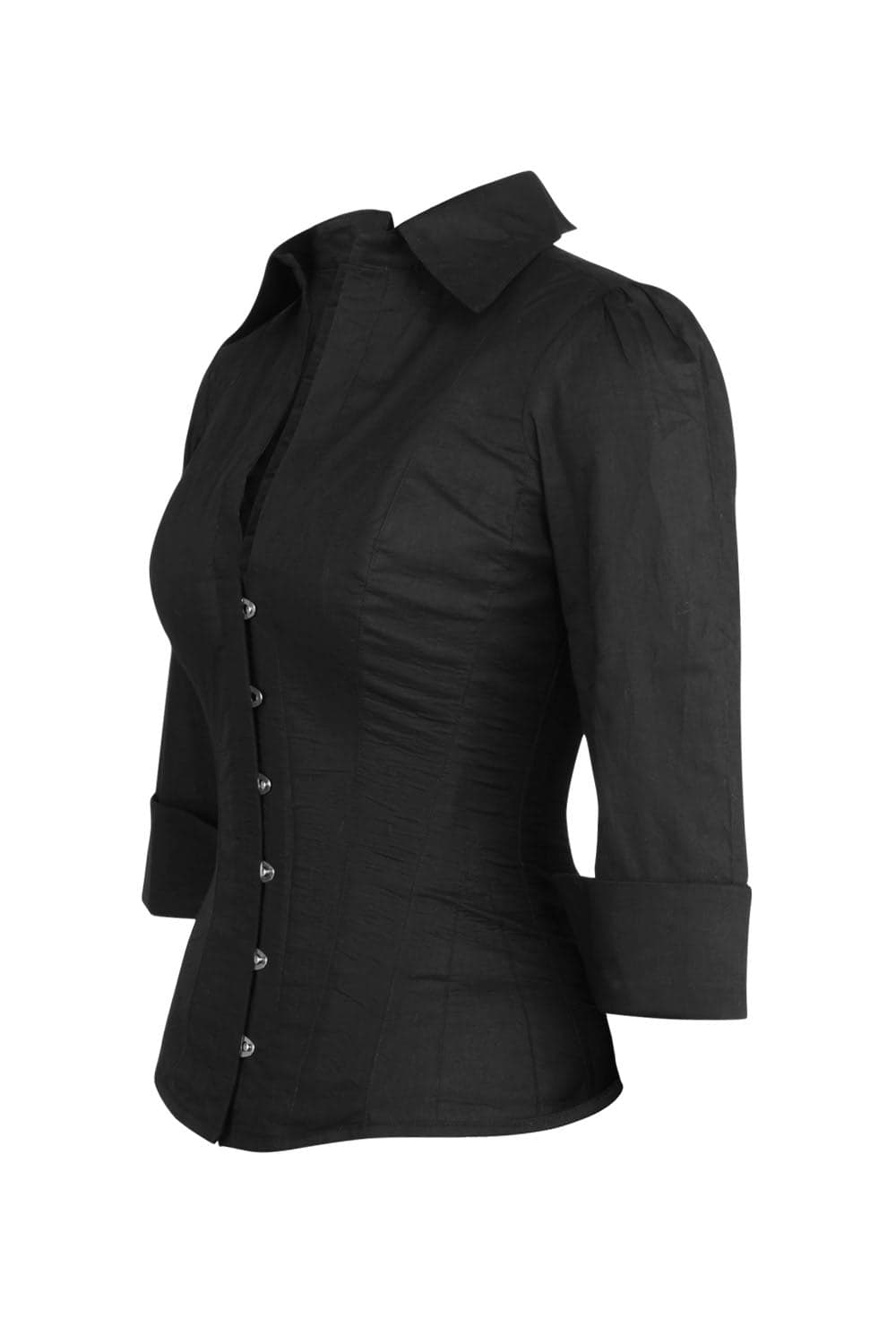 Midnight Black 3/4 Sleeve Steel Boned Overbust Corset Shirt |Corset Society