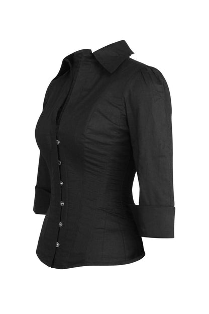 Midnight Black 3/4 Sleeve Steel Boned Overbust Corset Shirt |Corset Society