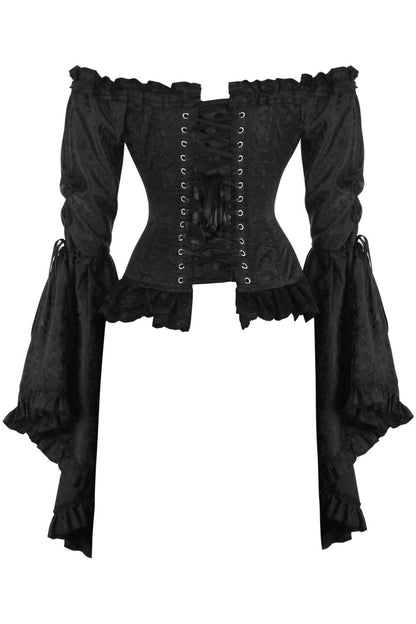 Midnight Black Rococo Off Shoulder Long Sleeve Overbust Corset