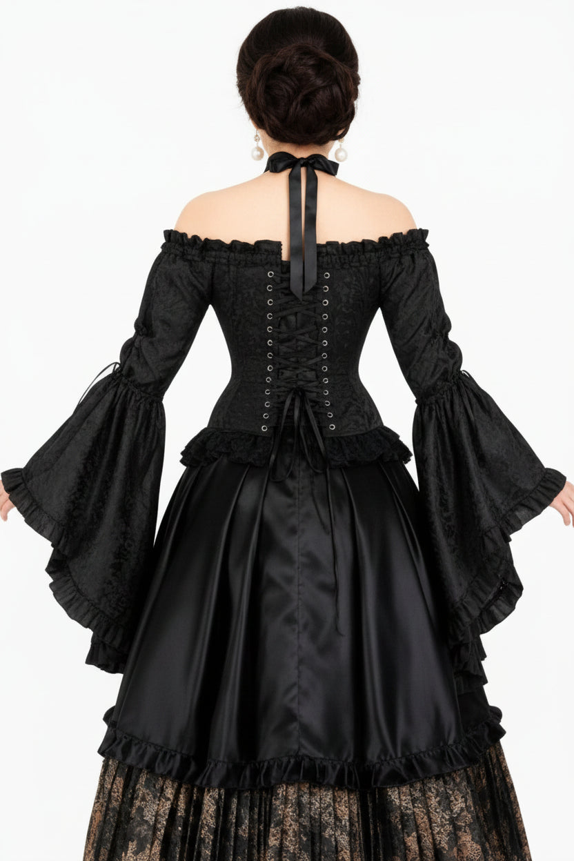 Midnight Black Rococo Off Shoulder Long Sleeve Overbust Corset