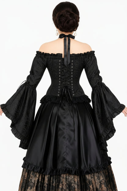 Midnight Black Rococo Off Shoulder Long Sleeve Overbust Corset