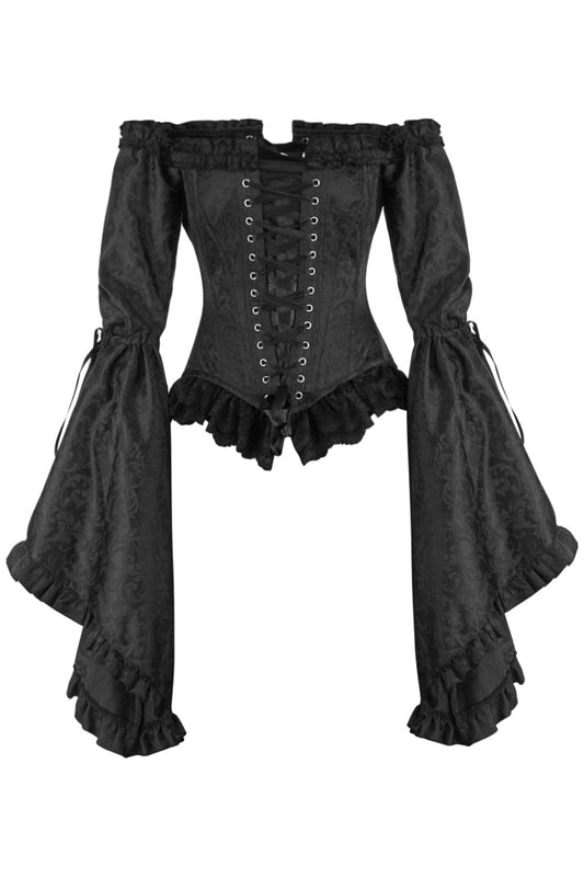 Midnight Black Rococo Off Shoulder Long Sleeve Overbust Corset