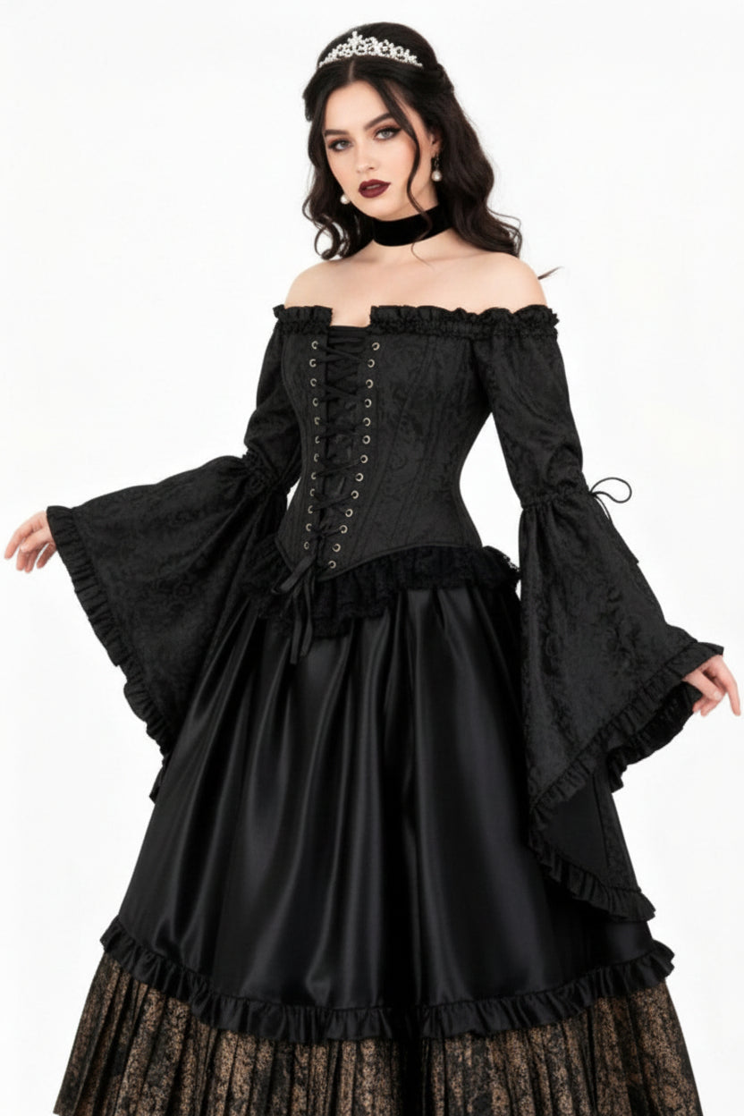 Midnight Black Rococo Off Shoulder Long Sleeve Overbust Corset