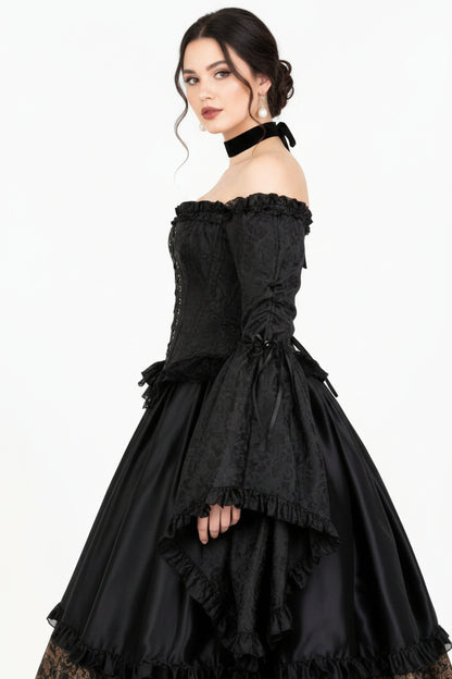 Midnight Black Rococo Off Shoulder Long Sleeve Overbust Corset