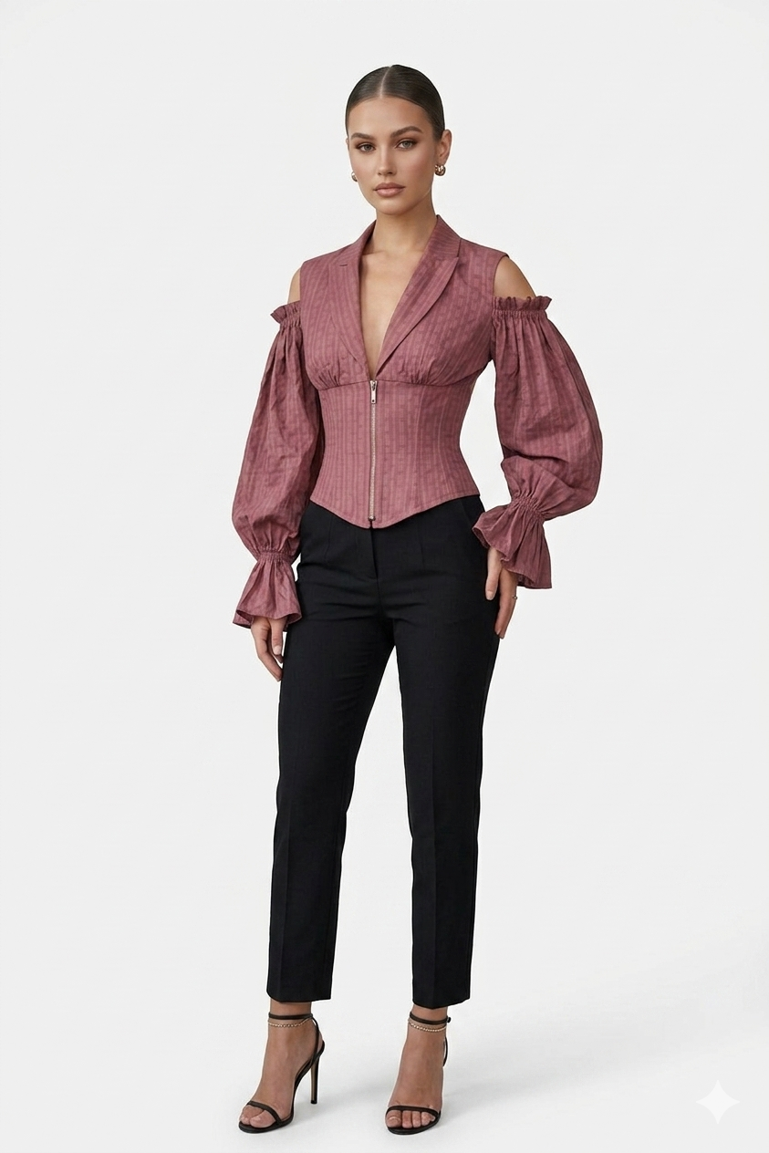 Dusty Rose Ivy Cold Shoulder Long Sleeve Underbust Cotton Corset