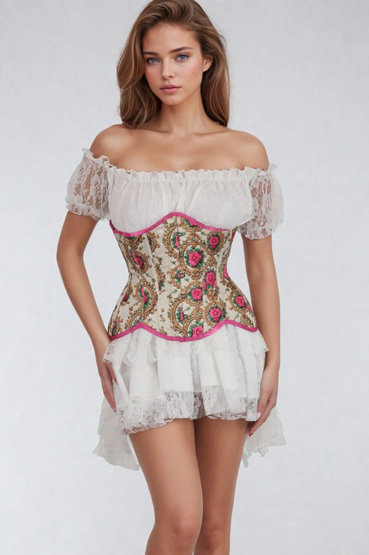 Marla Satin Vintage Inspired Rose Print Curvy Underbust
