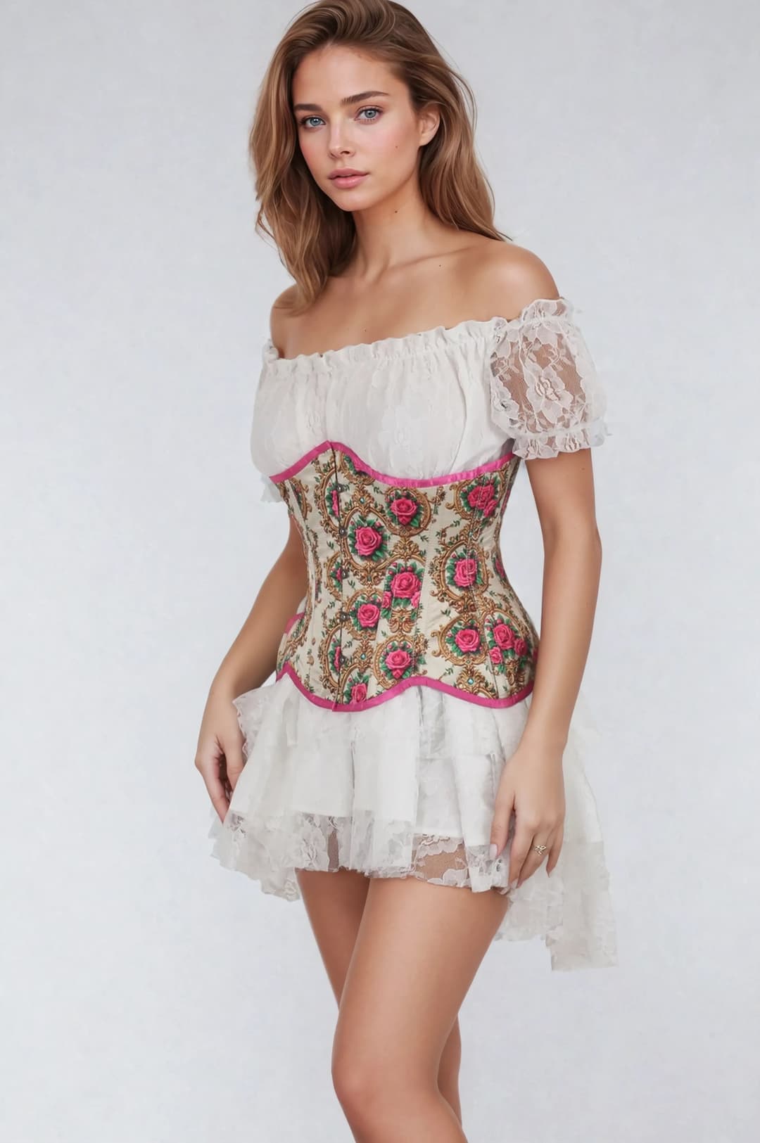Marla Satin Vintage Inspired Rose Print Curvy Underbust