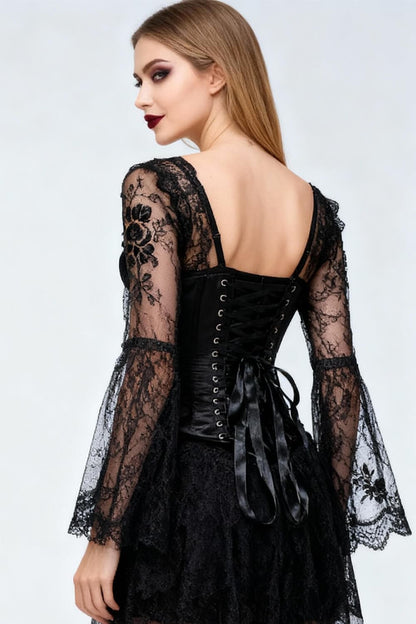 Elaina Gothic Black Underbust Long Satin Corset