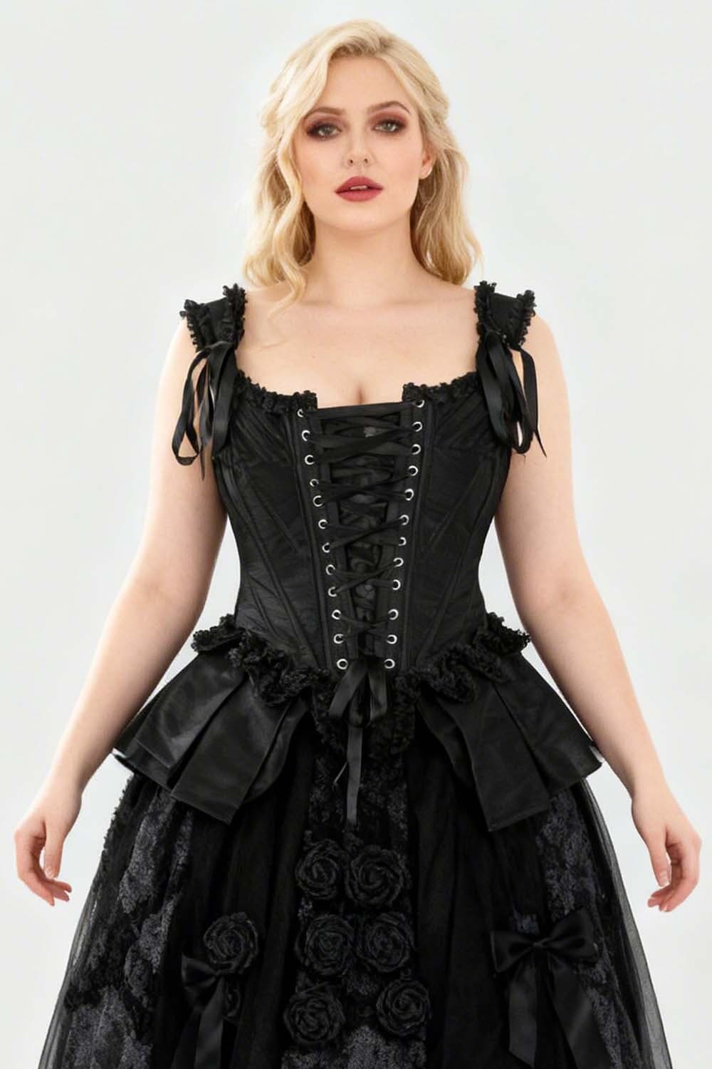 Midnight Black Lakiesha Overbust Corset with Shoulder Straps and Bustle