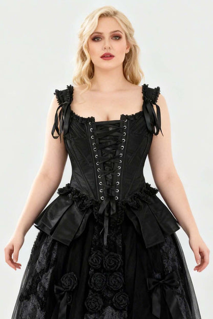 Midnight Black Lakiesha Overbust Corset with Shoulder Straps and Bustle